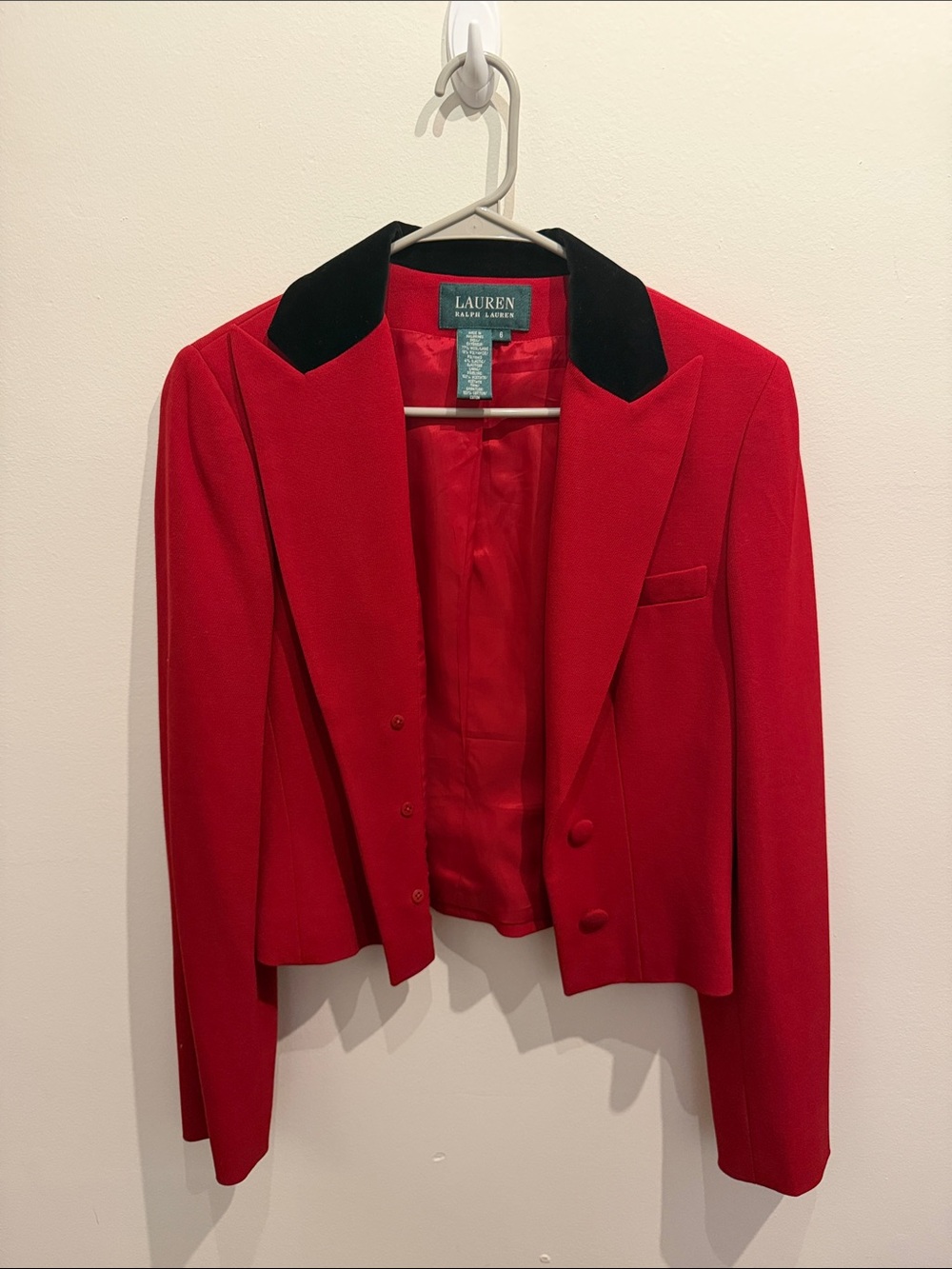 Lauren Ralph Lauren Red Cropped Tuxedo/Equestrian Blazer w/ Black Velvet Collar